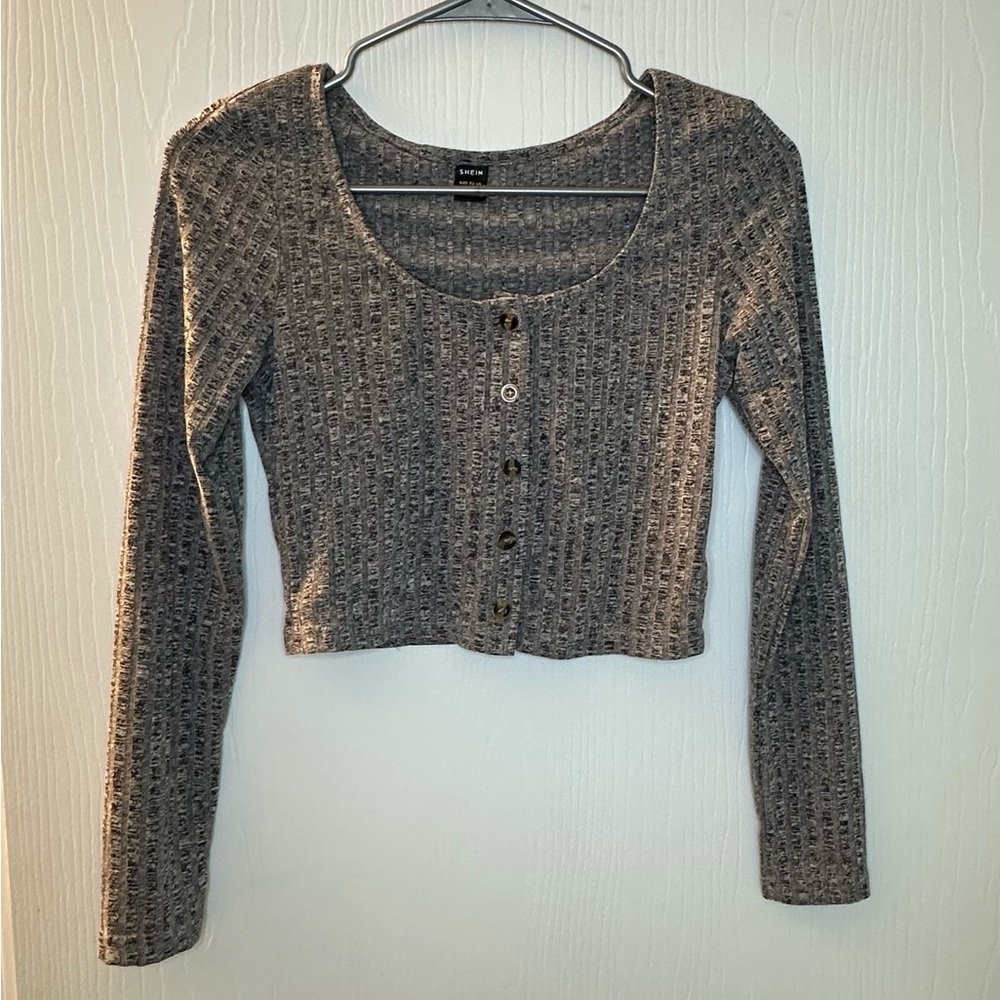 SHEIN gray‎ ribbed long sleeve button up cropped sweater women’s juniors small